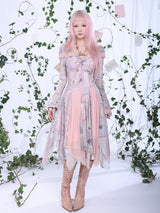 Rosé Isle オールドファッションレタービンテージプリンティドストレッチメッシュドレス ウィズオフショルダーイレギュラースプライストヘム