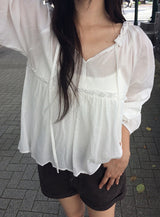 Laden Shirring Frill Flare Long Sleeve Blouse