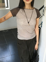 Zver ナグランカラーコンビネーションシースルー半袖Tシャツ