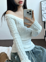 オフショルダーツイードスリンロングニット 🩶🤍🖤3カラー