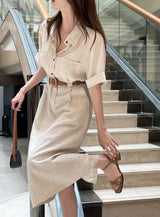 Moan Linen Pocket H-Line Shirt One Piece (Belt Set)