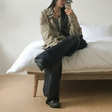 [S-XL] Nian incision washed wide denim pants