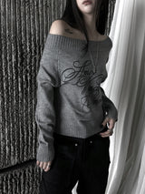 gray lettering off-shoulder knit