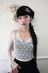 V-neck crop lace T (3color)