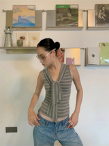 グレー ストライプ ストラップ ノースリーブ Tシャツ