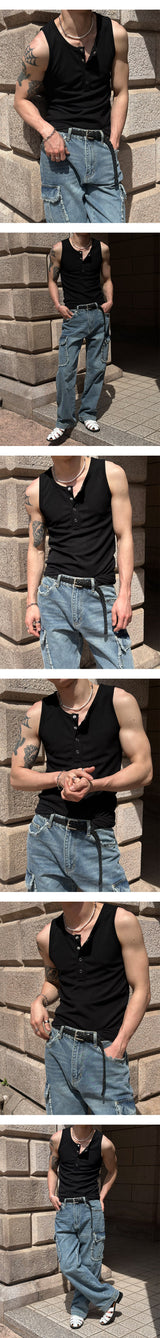 [BASIC ITEM] Henry neck botton sleeveless(3color)