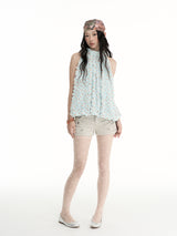 CONFUN dotted texture three-dimensional fabric folded collar ribbon sleeveless necked flower bud top