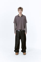 (BASE) LAYERED STRIPE POLO L/S TEE (CHARCOAL)