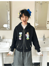 sillysis 黒のかわいい女の子イラスト、両頭金属ジッパー構造感スウェットパーカー