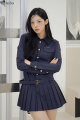 Navy Pleats Gold Shirt Wedding Guest Dress