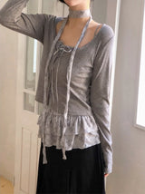 BN Check Frill Bustier + Cardigan + Tie Set (3color)
