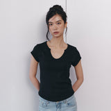 C 90S ラインスリットネック半袖Tシャツ_ブラック