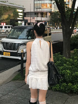 アトリエ ドット フリル ホルター フレア ミニ ドレス