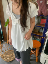ナヒルズ シャーリング ショートスリーブ レイヤードリボン リブTシャツ