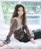 STRING STRIPE SHIRRING LONG SLEEVE - BROWN