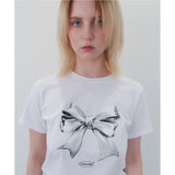 メタリックリボンスリムフィットTシャツ - WHITE