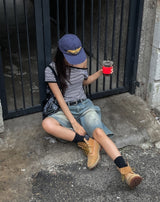 サイドピンタックウォッシュドバミューダデニムパンツ