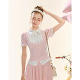 GirlyFancyClub Energetic Girl Academy Pink Short-Sleeved Knit Faux Two-Piece Top