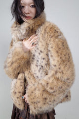 Short fur coat with animal print lapels and a standing collar