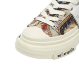 Beige Multicolor Frayed Textile Chunky Sneakers, Unisex Low Top Lace Up Shoes