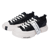 Black 70s Frayed Canvas Platform Sneakers, Unisex Low Top Lace Up Shoes