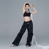 Black 100% Nylon Allover Butterfly Print Wide-Leg Parachute Pants with Drawstring Waist for Women