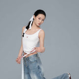 White Ribbed Contrast-Stitch Asymmetric Tie-Hem Tank Top with Butterfly Embroidery