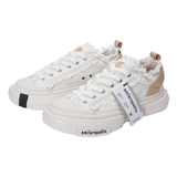 White Frayed Canvas Chunky Platform Sneakers, Unisex Low Top Lace-Up Casual Streetwear Shoes