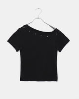 シャシャスタッデッドリベットアンバランシードオフショルダーショートスリーブTシャツ