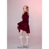 [Girly Fancy Club] レトロレッドベルベットツーピースプリンセスドレス