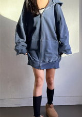 (UNISEX/2WAY) ビッグフードピグメントボクシーヒップルーズジップアップ - 2 COLOR