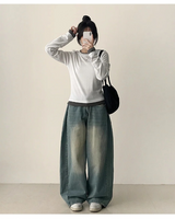 シア カラー マッチング レイヤード スリム ロングスリーブ Tシャツ