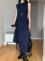 Navy Pleats Wrap Long Sleeveless Dress