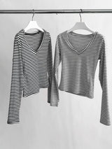 マインドVネックストライプ長袖スパンTシャツ