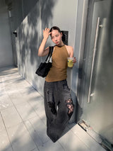 Vintage lace patch black denim pants