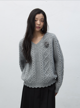 handmade knit flower brooch set - grey 