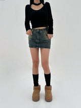 [BELT & INNER SHORTS] AUTUMN DENIM BROWN KHAKI DENIM SKIRT – SK
