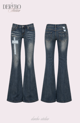 Cross-washed long semi-bootcut denim