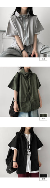Hari boxy fit string cooling short-sleeved hooded zip-up jumper