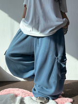 KOREAN 🧇 WAFFLE PUNCHING 🧇 LOOSE HIP CARGO BALLOON WIDE LONG PANTS 🩵🍓🩶 - 3 COLORS