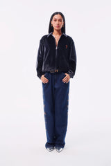 TWILL VELVET CROSS EMBROIDERY COLOR-TOOTH ZIPPER LOGO CASTING NOTCH COLLAR JACKET