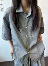 Logi Striped Linen Balloon Short Sleeve Shirt 2color