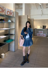 denim loose fit collar zip-up jacket two-piece (skirt set)