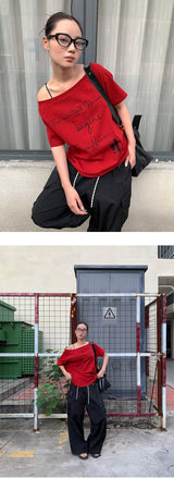 レタリングワンショルダーオフショルダーオーバーフィット半袖Tシャツ