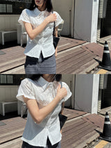 Ripple Mood Stripe Span Shirring Short Sleeve Shirt (3 colors)