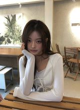 デルリンリボンレースレイヤードカーディガンTシャツ