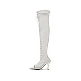 メッシュレースアップオープントゥブーツヒール(White)