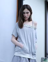 ストライプ フリル オフショルダー(GREY)