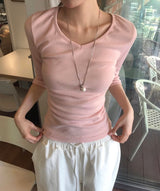 [ md pick / basic ] adore v glam shirring 3/4 sleeve top