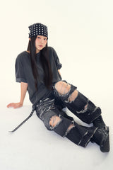 ハッピーデストロイドワイドデニムパンツ